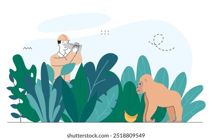 El hombre mira al mono. Chico joven con binoculares mirando macaco con plátano. Safari y fauna africana. Observación de África y animales. Ilustración vectorial lineal aislada sobre fondo blanco