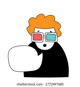 A man watches a movie with glasses for 3D films and says something. Bubble Talk.