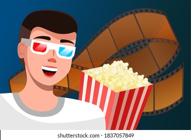 A man watches a movie with glasses for 3D films and says something. Cinema time vector illustration cartoon male character in magic glasses popcorn bucket and motion picture tape behind the viewer