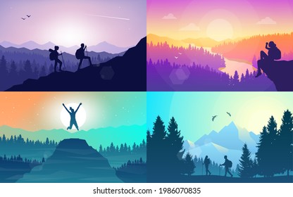 Man watches nature, climbing to the top, friends going hike, teamwork, support of friends. Vector landscapes set. Travel concept of discovering, exploring, observing nature. Hiking. Adventure tourism.