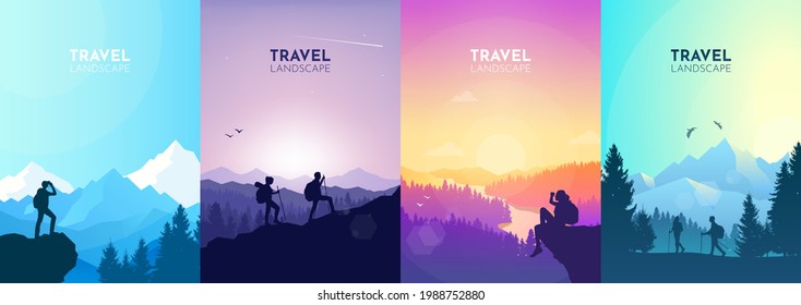 A man watches nature, climbing to the top, friends going hike, teamwork, support of friends. Landscapes set. Travel concept of discovering, exploring, observing nature. Hiking. Adventure tourism.