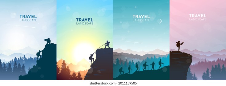 Man watches nature, climbing to top, friends going hike,  support of friends. Landscapes set. Travel concept of discovering, exploring, observing nature. Hiking. Adventure tourism. Vector illustration