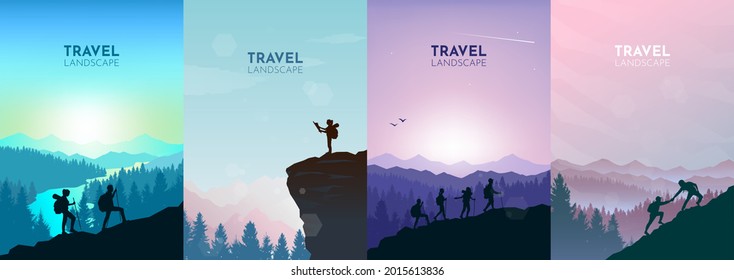 Man watches nature, climbing to top, friends going hike, support of friends. Landscapes set. Travel concept of discovering, exploring, observing nature. Hiking. Adventure tourism. Vector illustration