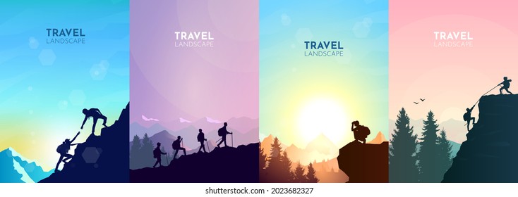 A man watches nature, climbing to the top, friends going hike, teamwork, support of friends. Landscapes set. Travel concept of discovering, exploring, observing nature. Hiking. Adventure tourism.