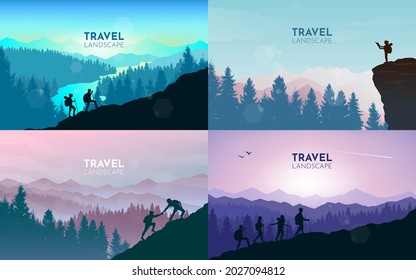 Man watches nature, climbing to top, friends going hike, support of friends. Landscapes set. Travel concept of discovering, exploring, observing nature. Hiking. Adventure tourism. Vector illustration