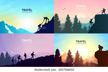 A man watches nature, climbing to the top, friends going hike, teamwork, support of friends. Landscapes set. Travel concept of discovering, exploring, observing nature. Hiking. Adventure tourism.