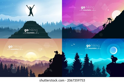 Man watches nature, climbing to top, friends going hike, support of friends. Landscapes set. Travel concept of discovering, exploring, observing nature. Hiking. Adventure tourism. Vector illustration