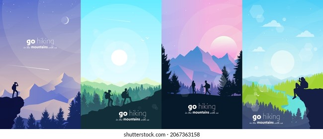 Man watches nature, climbing to top, couple going hike, support of friends. Landscapes set. Travel concept of discovering, exploring, observing nature. Hiking. Adventure tourism. Vector illustration