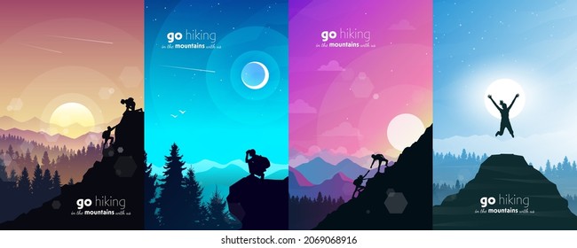 Man watches nature, climbing to top, friends going hike, support of friends. Landscapes set. Travel concept of discovering, exploring, observing nature. Hiking. Adventure tourism. Vector illustrations