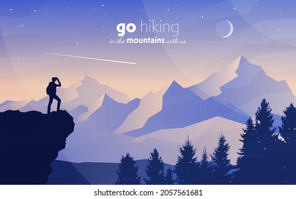Man watches nature. Traveler on top. Travel concept of discovering, exploring and observing nature. Hiking tourism. Adventure. Minimalist graphic flyers. Polygonal flat design. Vector illustration.