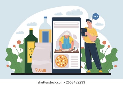 A man watches an online cooking tutorial on a tablet with a chef making pizza shown on the screen, surrounded by ingredients like flour and olive oil. Vector illustration