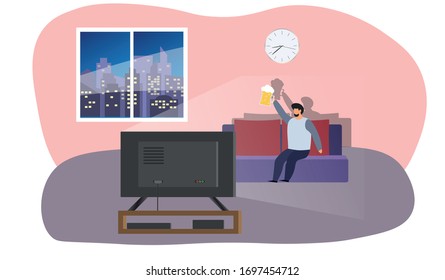 Man watches TV and drinks a beer