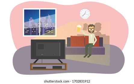 Man watches TV and drinks a beer