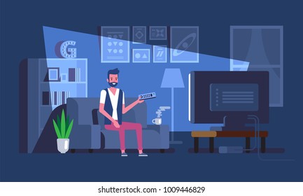 Man watches TV on sofa Watching TV and relax at home on couch Vector illustration in flat style.