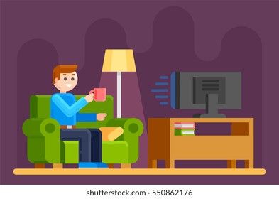 Man watches TV on sofa with coffee cup vector illustration. Watching TV and drink coffee, relax at home on couch