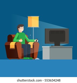 Man watches TV on sofa with coffee cup, relax at home at night. Vector character illustration in flat style design