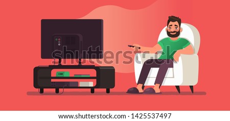 Man watches TV while sitting in a chair. View your favorite television show or movie. Vector illustration of cartoon style