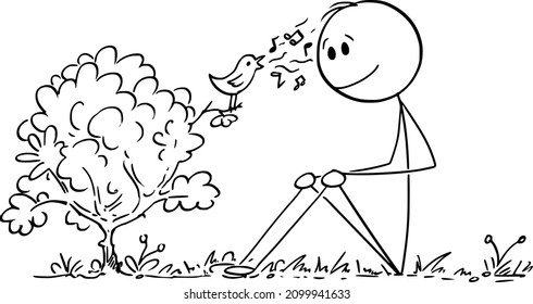 Man watching bird singing on the bush, enjoying nature, vector cartoon stick figure or character illustration.