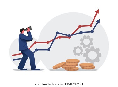 A Man Watching Company Performance On A Uprising Curve with A Binocular, A Man Forcast Business Performance, Sales Performance, Business Performance, Business Forcesting.