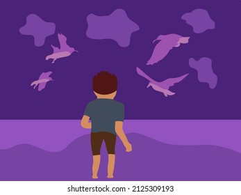 A Man Watching A Flock Of Birds On The Beach