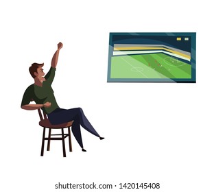 Man watching football match flat vector illustration. Male watching TV isolated cartoon character on white background. Football fan