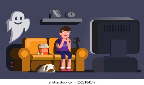 Man Watching Horror Movie Scary With Sleeping Dog And Ghost In Night Illustration
