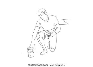 Man watching how to use kettlebell from online class on smartphone. Online fitness classes concept one-line drawing
