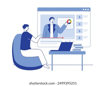 A man is watching a learning video, online education via laptop in his study room. Character design. Vector flat illustration