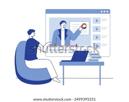 A man is watching a learning video, online education via laptop in his study room. Character design. Vector flat illustration