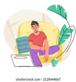 Man watching movie on laptop at home, set of flat vector illustrations isolated on white background. Concept of entertainment and relaxation and home cinema.