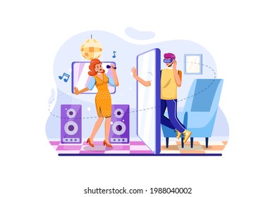 Hombre viendo un show musical usando el concepto de gafas de realidad virtual Ilustración. Ilustración plana aislada en fondo blanco.