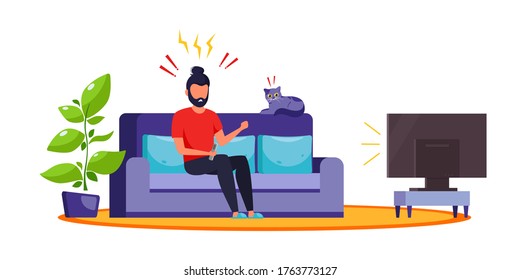 Man watching news on TV. Shock content, fake news. The emotion of shock, surprise. Vector illustration in flat style. 