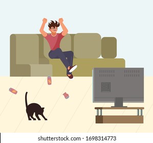 Man is watching the news while sitting on the couch and feels reimbursement and anger. Toxic media and fake news concept. Flat Art Vector Illustration