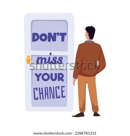 Man watching on door with text don't miss your chance flat style, vector illustration isolated on white background. Design element, motivation and opportunities, reminder