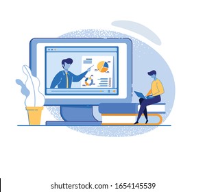 Man Watching Online Course on Laptop. Coach Teaching Financial Literacy, Target Marketing, Increase Profit Ways on PC Screen. Video Tutorial. Education via Internet. Cartoon Flat Vector Illustration