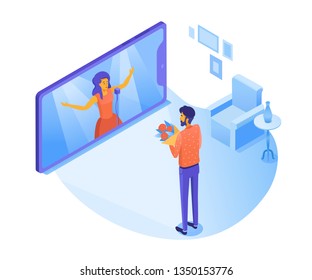 Man watching opera concert vector 3D illustration. Live performance on TV screen. Guy giving flowers to pop star. Cartoon character listening to music. Streaming video on smartphone isometric clipart