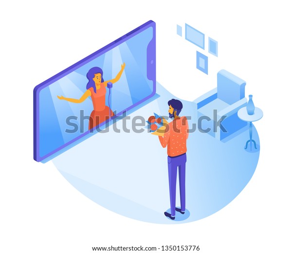 Man watching opera concert vector 3D\
illustration. Live performance on TV screen. Guy giving flowers to\
pop star. Cartoon character listening to music. Streaming video on\
smartphone isometric\
clipart