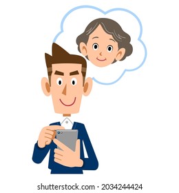 A man watching over a distant mother with a mobile phone
