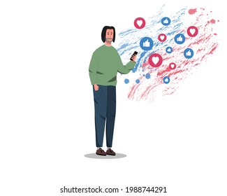 Man watching the phon. likes on the social media,hearts on the social media.