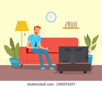 Man watching soccer on the TV. Vector flat style illustration