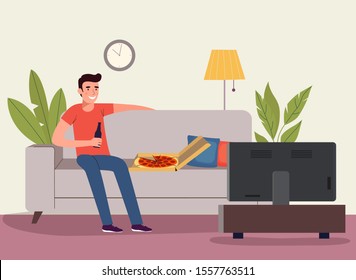 Man watching soccer on the TV with beer and pizza. Vector flat style illustration