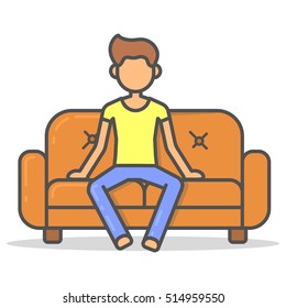 Man watching a sports match on couch in room flat style. Vector character on sofa line illustration.