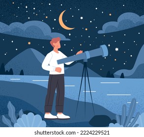 Man watching starry sky. Young person with telescope outdoors. Astrology and astronomy, character studies galaxies and space, universe. Education and training. Cartoon flat vector illustration