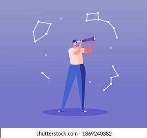 Man watching stars. Astronomer studying constellations with telescope. Astrophysicist looking stars. Concept of exploration, space research, astrological map. Vector illustration in flat design