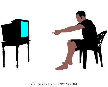 Man watching television, holds a remote control, vector 