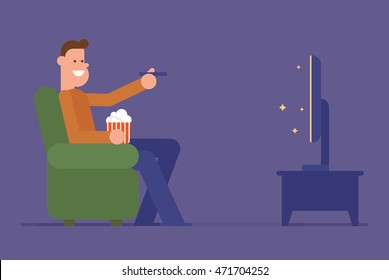Man watching television on sofa. Vector flat illustration