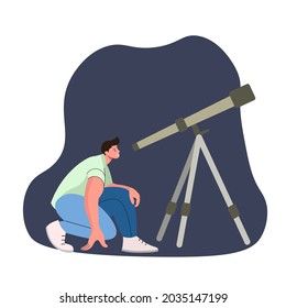Man Watching through Telescope. Astronomy Science Hobby Flat Design Illustration. Guy Looking at Stars Flat Vector Illustration.
