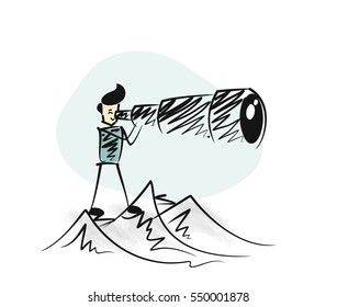 Man watching through telescope top of mountain. Hand Drawn Skech Cartoon Vector Background.