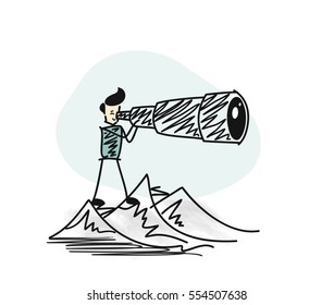 Man watching through telescope top of mountain. Hand Drawn Sketch Vector illustration.