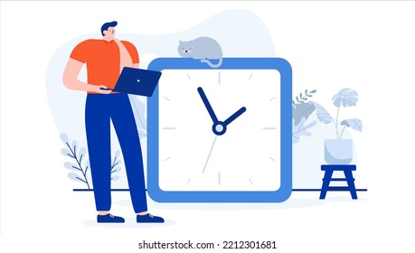 Hombre viendo el tiempo - Persona parada sosteniendo un ordenador mirando el reloj a medida que pasa el tiempo. Horas de trabajo y concepto de plazo, ilustración de dibujos animados de diseño plano con fondo blanco